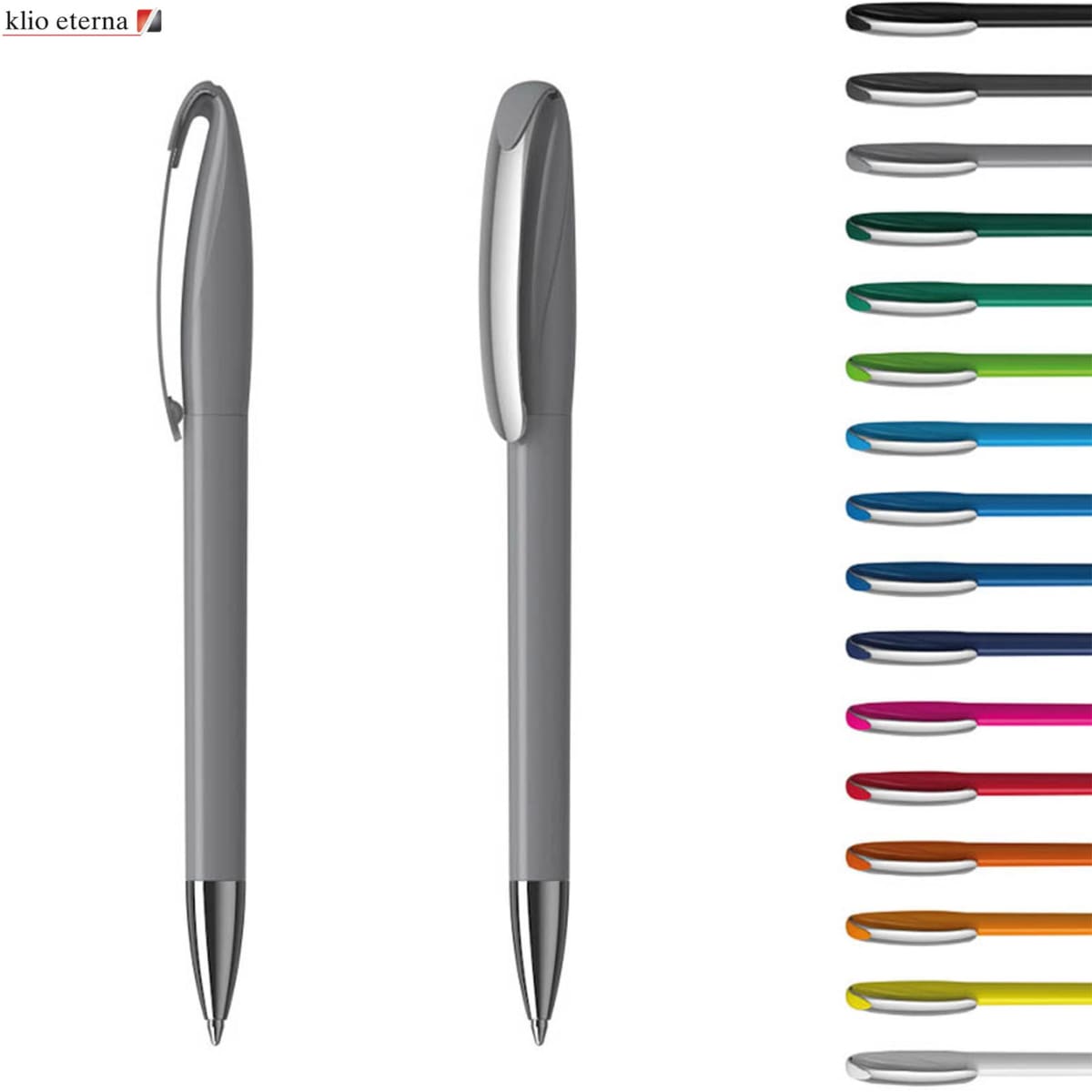 A grey plastic pen with a sleek design and a silver clip, alongside a range of coloured pen options.