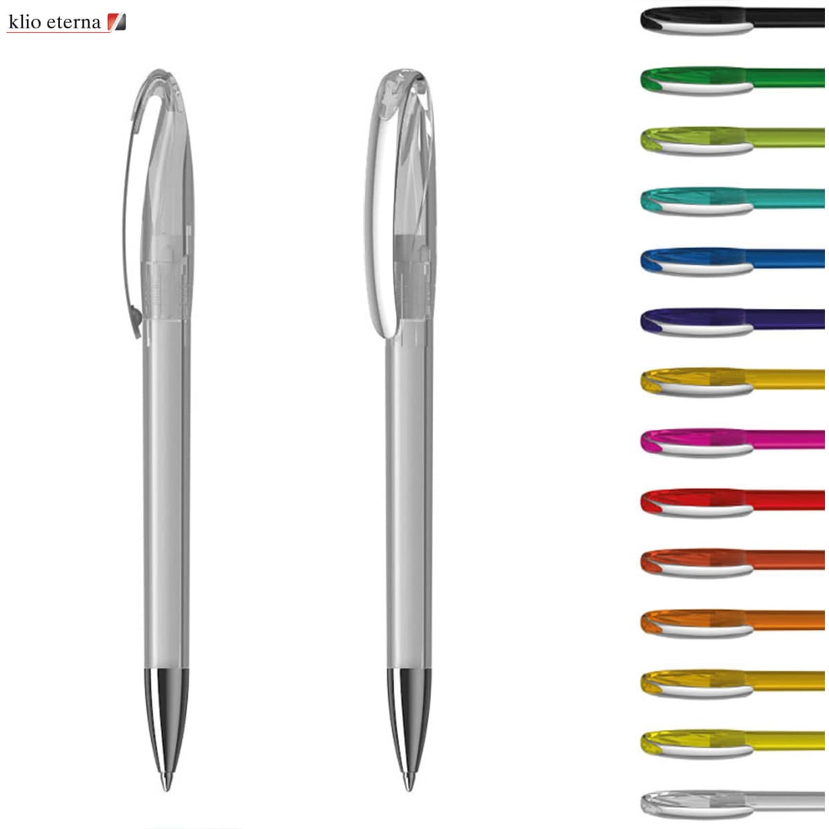 Transparent plastic pens in various colours, displayed alongside a pen with a clear barrel and black tip. Features branding.