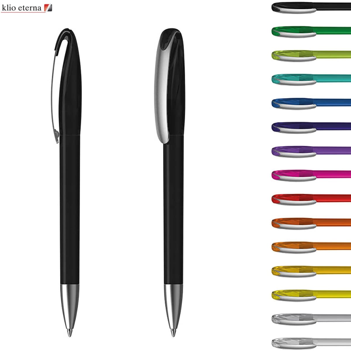 A collection of plastic pens in various colours, featuring a black pen with a clip and a shiny silver tip.