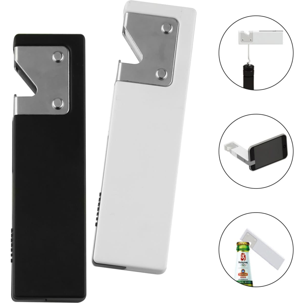 A drink bottle opener in black and white, featuring a sleek design and a built-in keyring attachment.