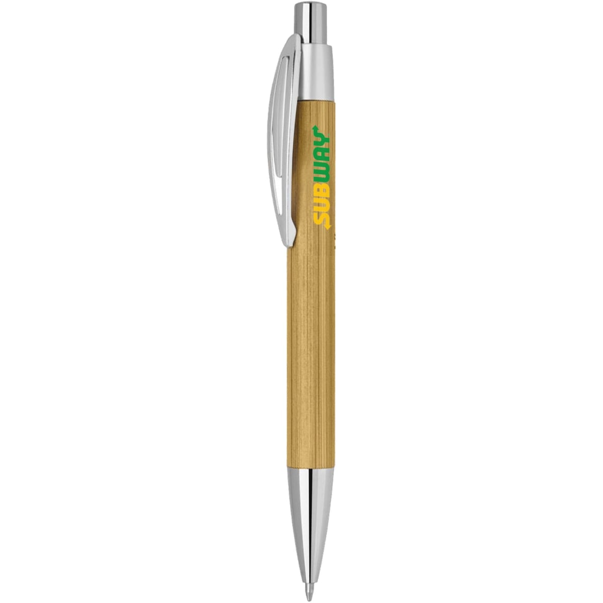 A bamboo pen with a silver clip and tip, featuring a logo on the barrel.