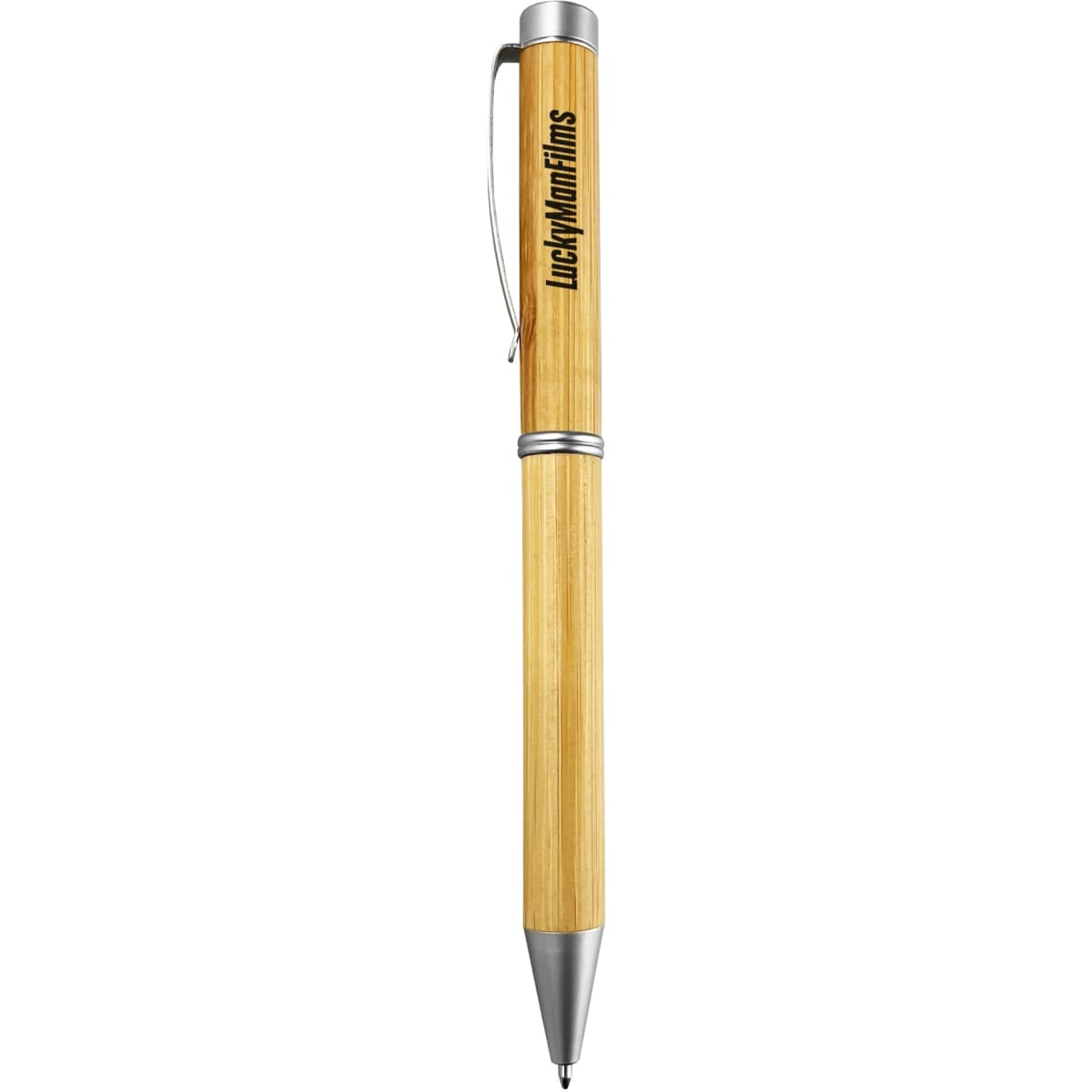 A bamboo pen with a metallic tip and clip, featuring a logo on the barrel.