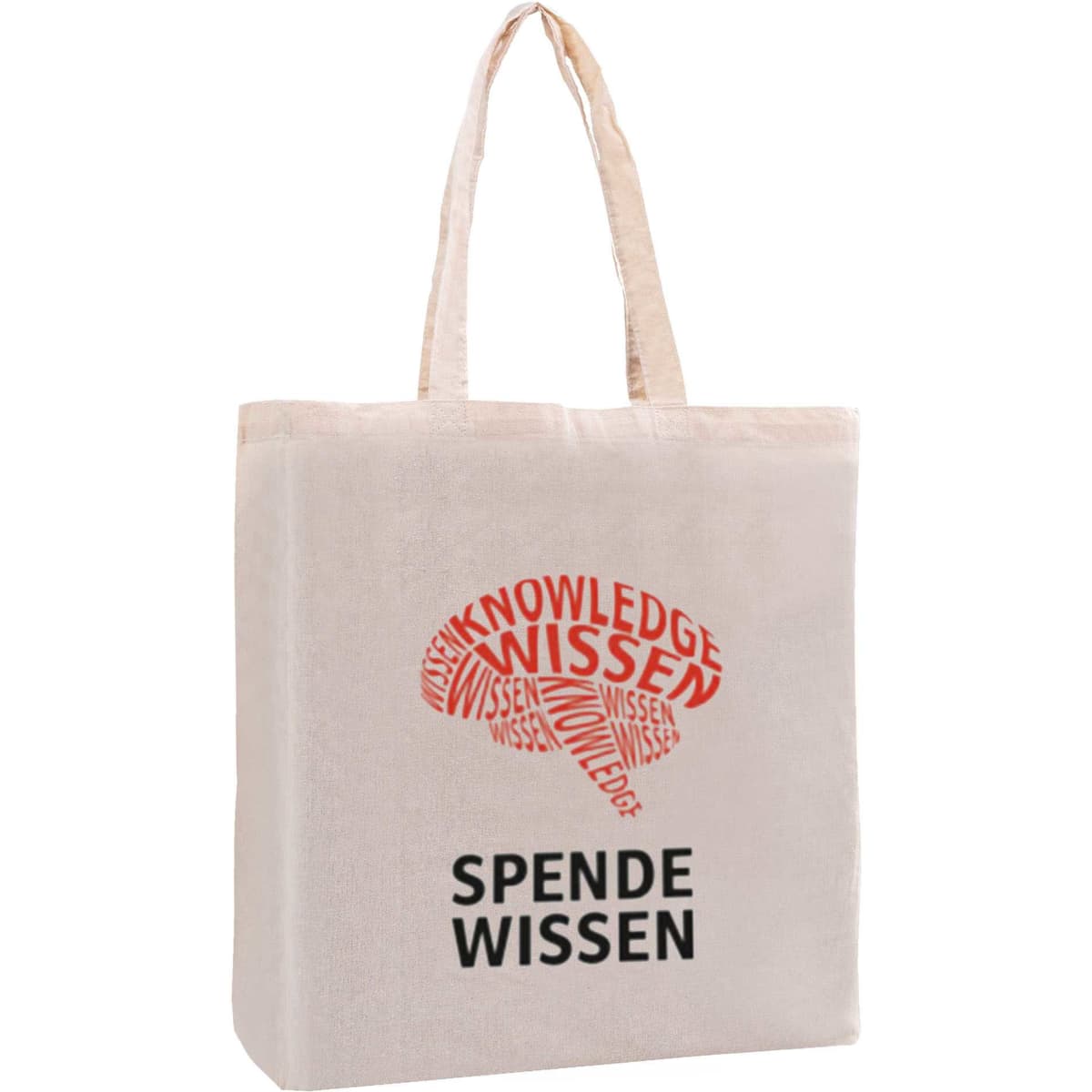 A cream tote bag with a gusset featuring a printed design in red and black. It has two handles and a logo.