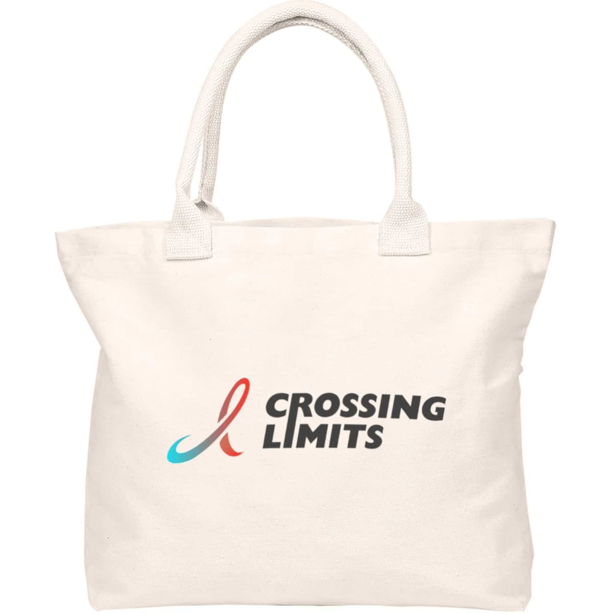 A cream tote bag with short handles, featuring a logo on the front.