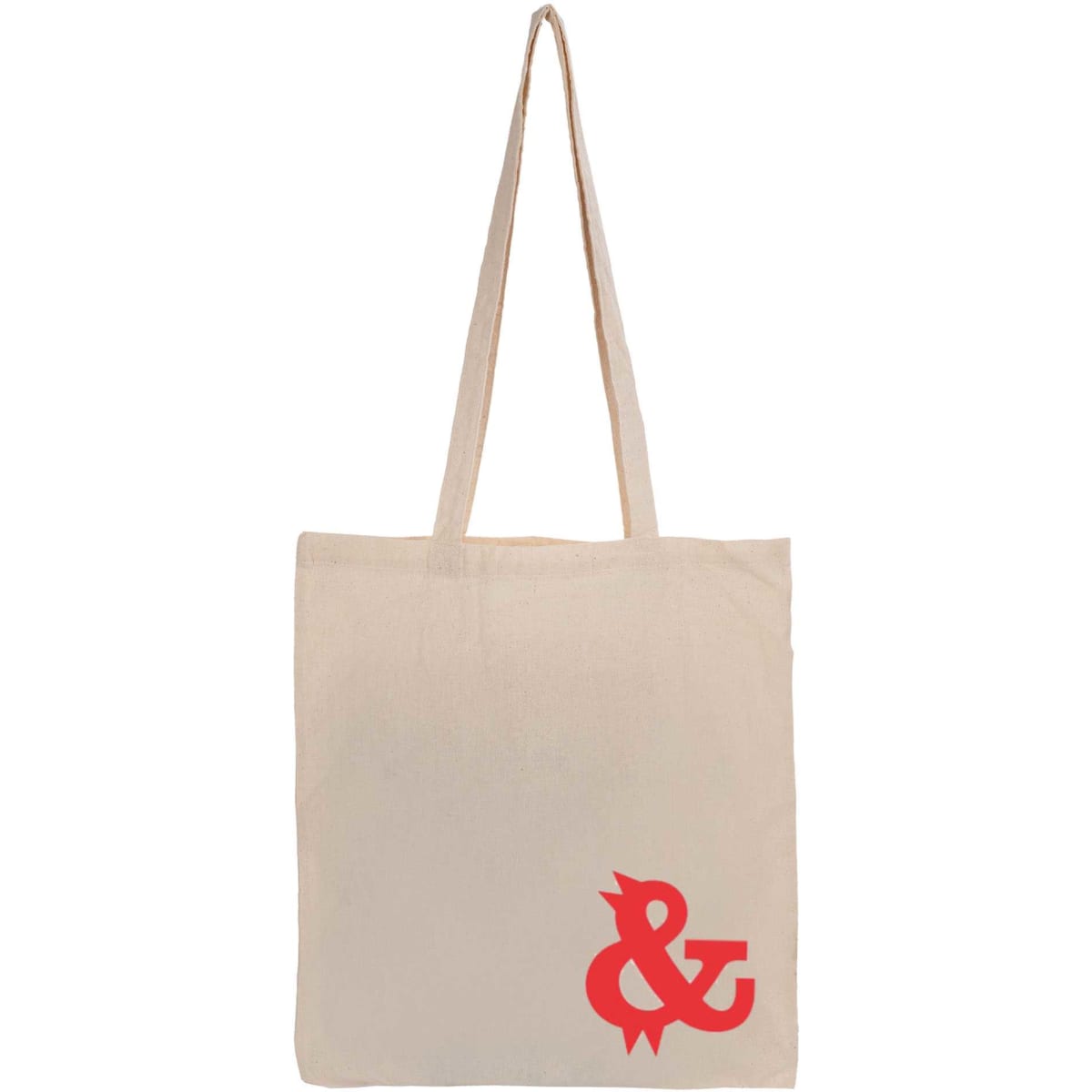 A beige calico tote bag with long handles and a red logo in the bottom corner.