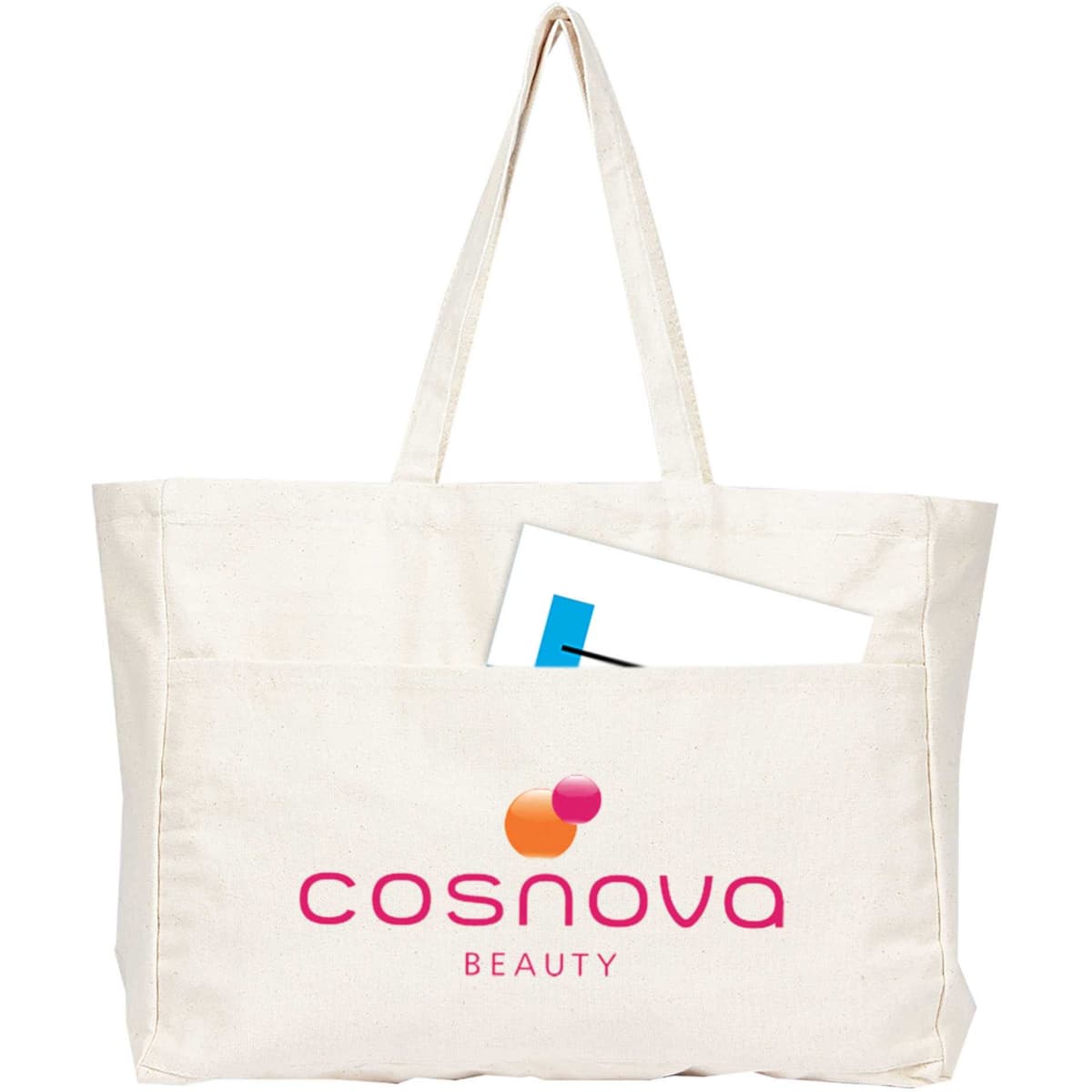 A large cream canvas tote bag with shoulder straps and a front pocket, featuring a logo.