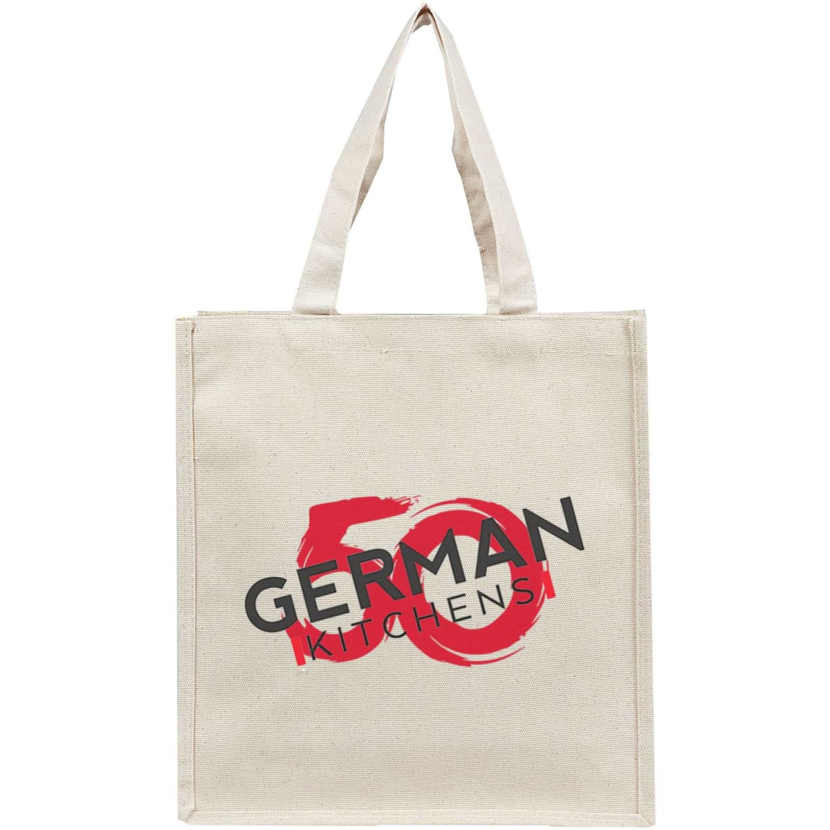 A cream tote bag with two handles, featuring a logo and text design in red and black.