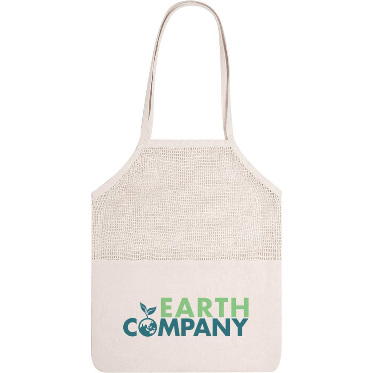 A cream-coloured mesh tote bag featuring a logo on the front, with long handles for carrying.