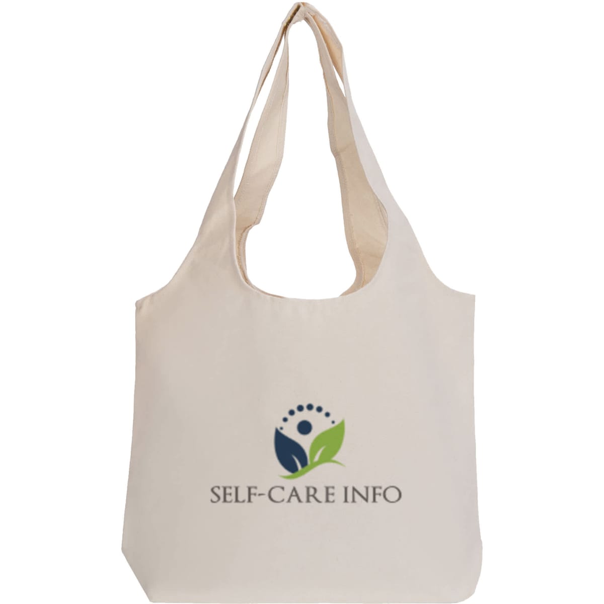A cream tote bag with a curved top, featuring a logo and text related to self-care.
