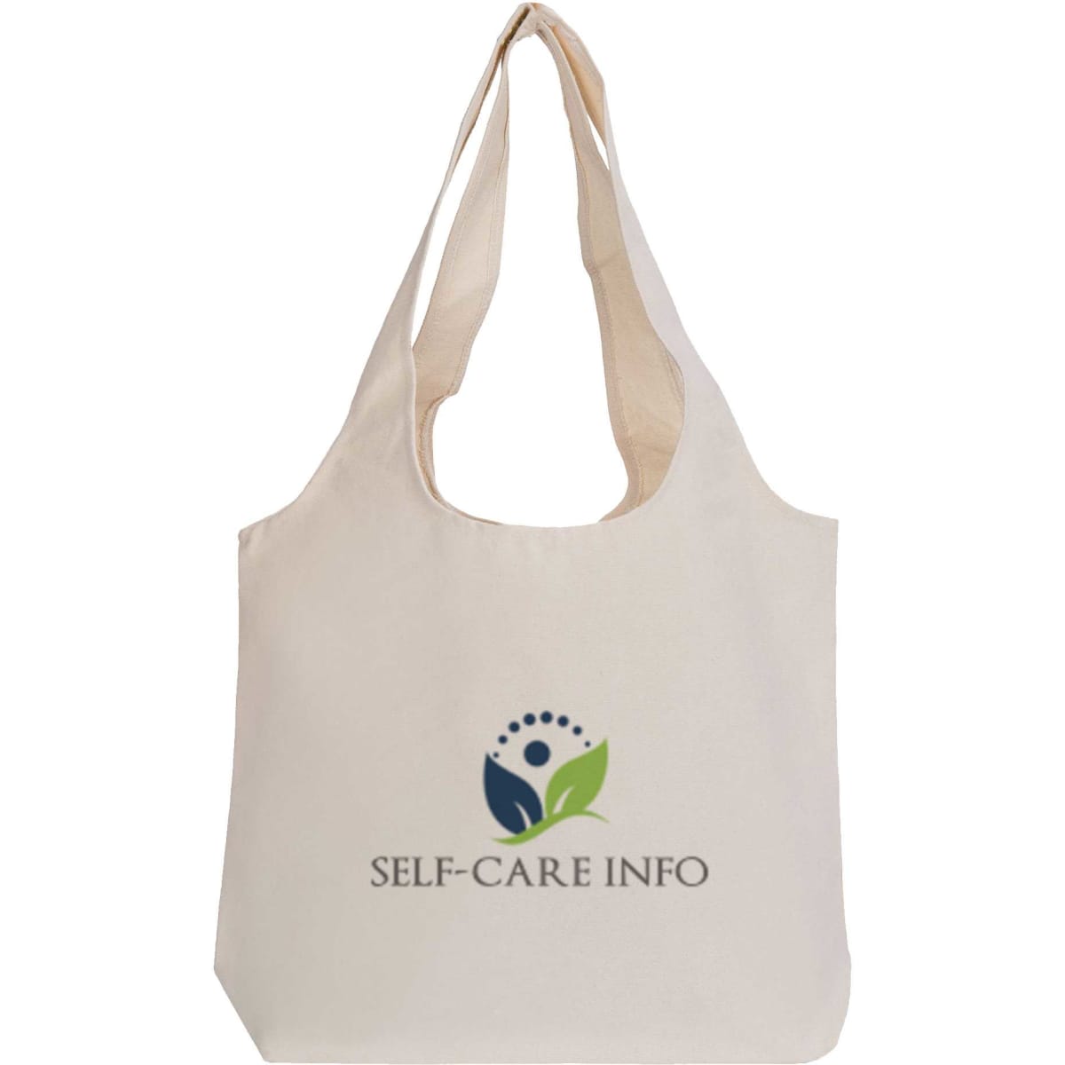 A cream tote bag with a logo printed on the front featuring a green leaf and blue figure.