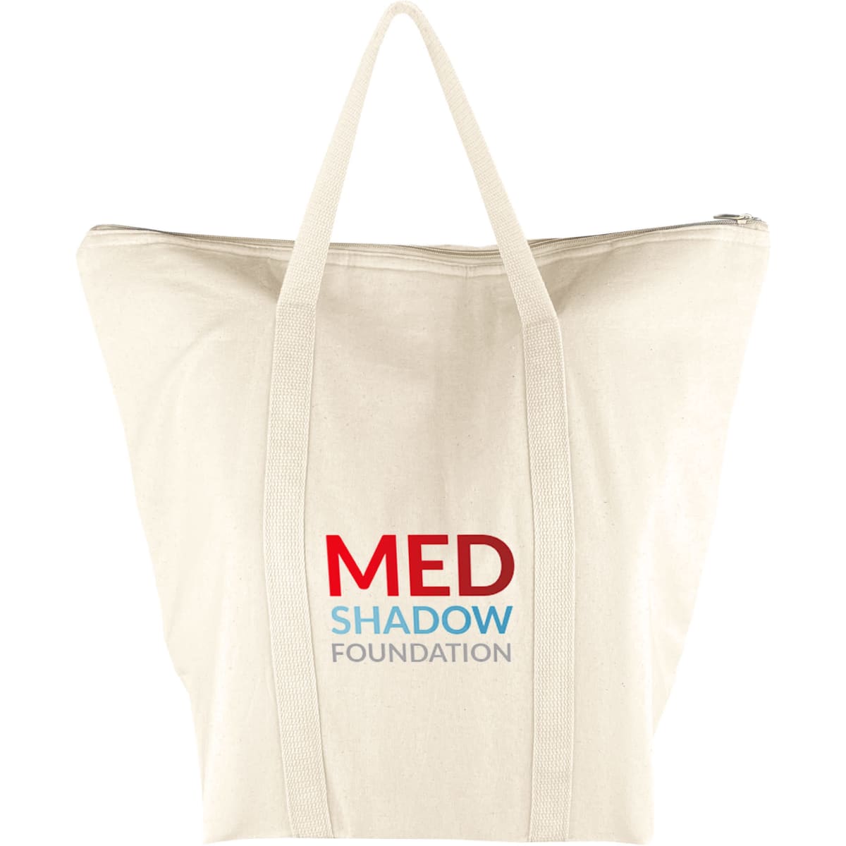 A cotton cooler bag in cream, featuring a logo with red and blue text. It has two sturdy handles and a zip closure.