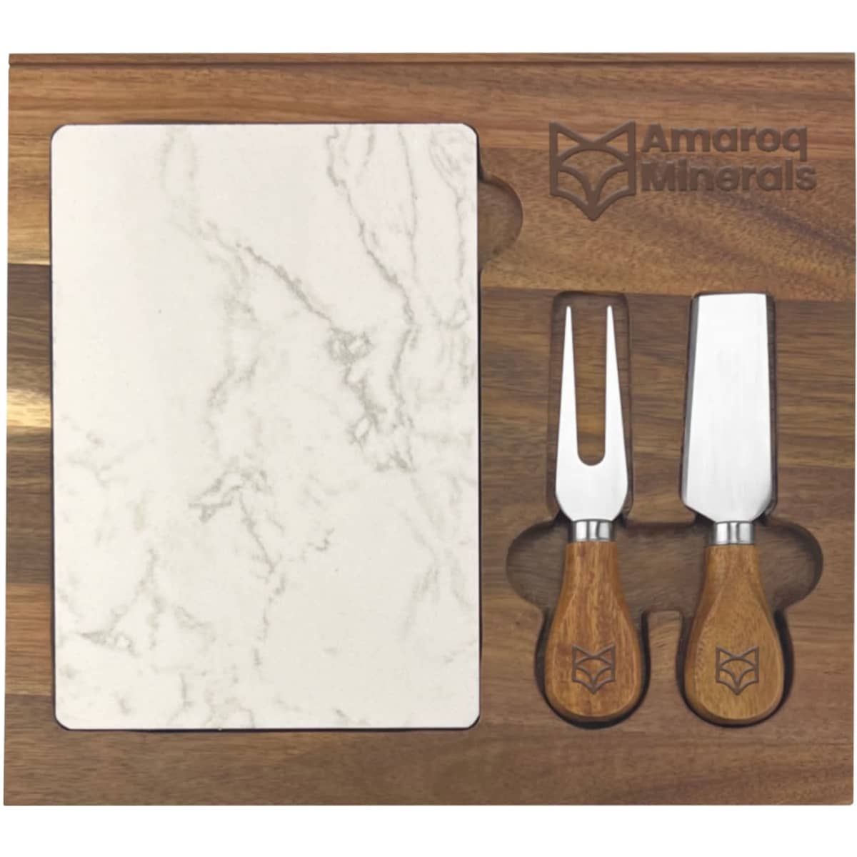 A marble cheeseboard with wooden handled knives on a walnut wood tray. Features a logo on the tray.