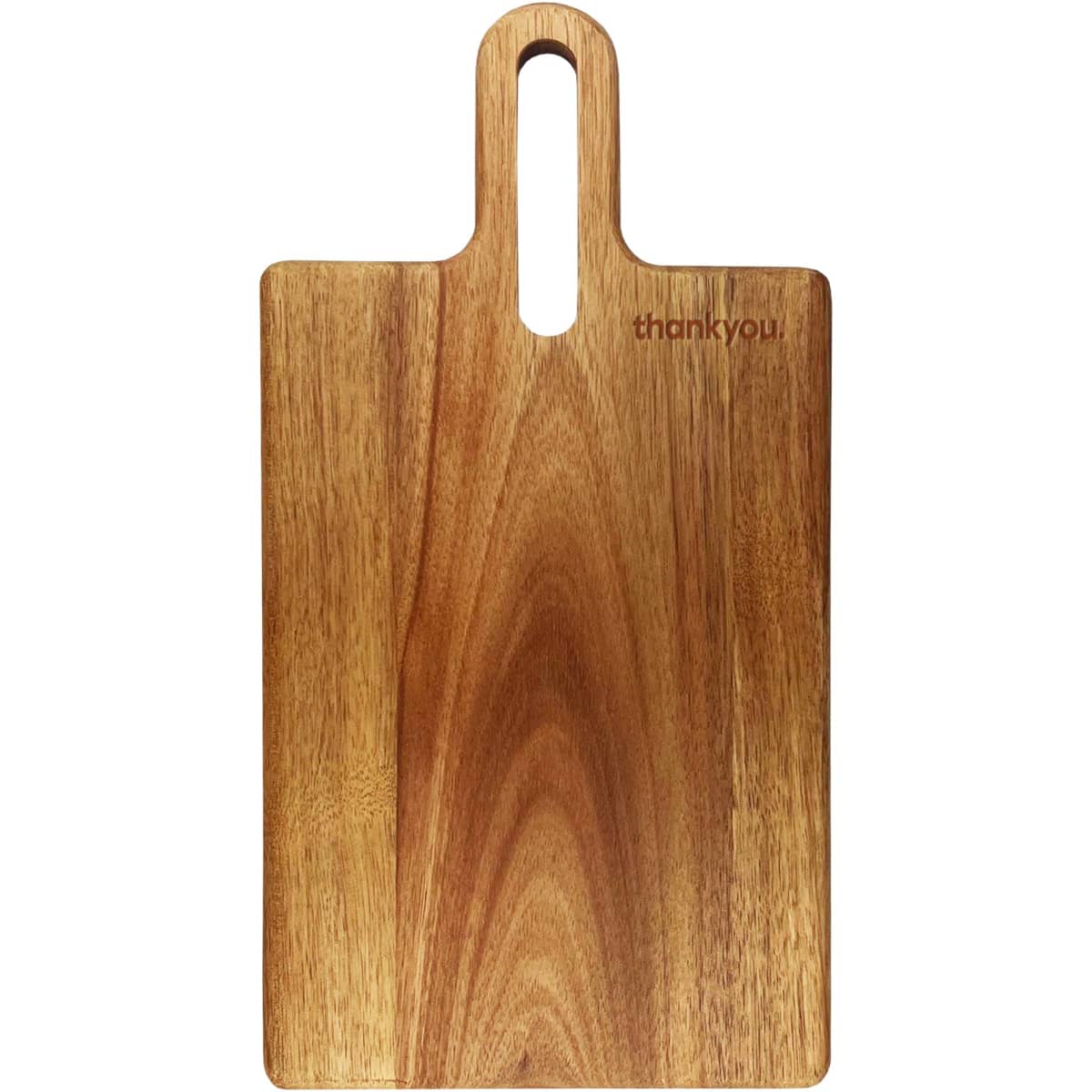 A wooden cheeseboard with a smooth finish and a handle, featuring a small logo.
