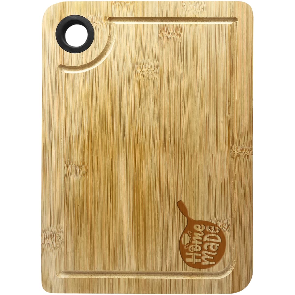 A bamboo cheeseboard with a circular cutout and branded logo, featuring a light natural wood colour.