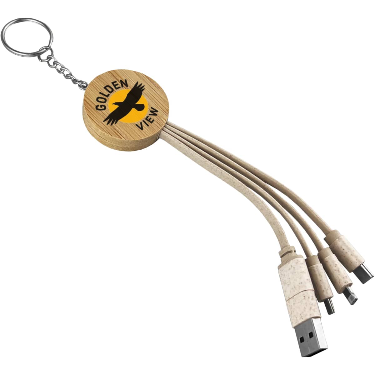 A round bamboo key ring with a logo and three charging cables in beige.