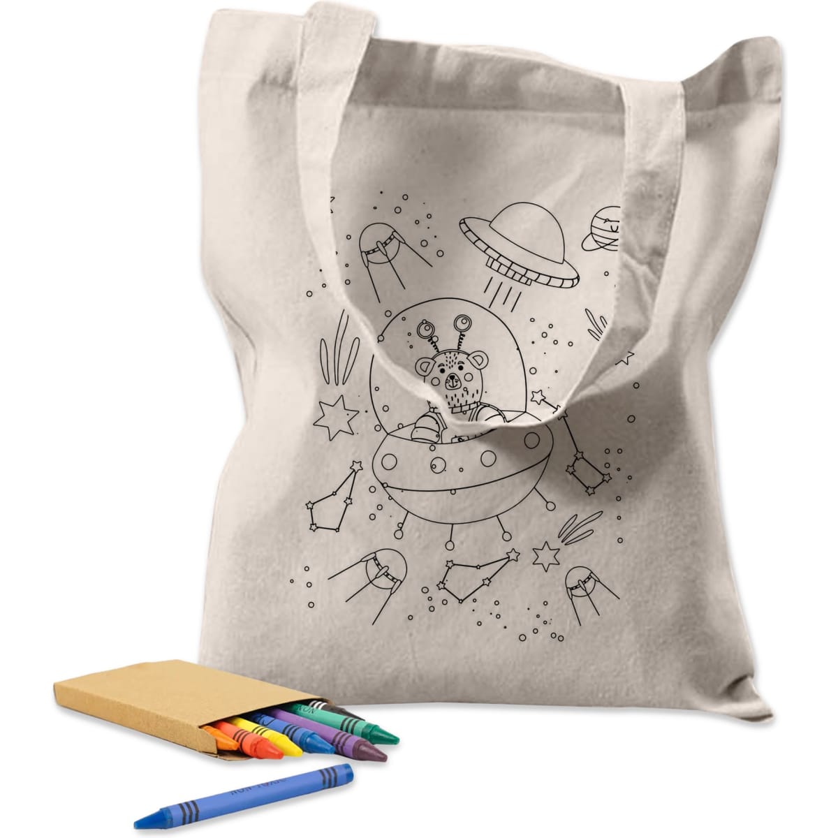 A cream-coloured tote bag featuring a line drawing of a spaceship and aliens, accompanied by colourful crayons.