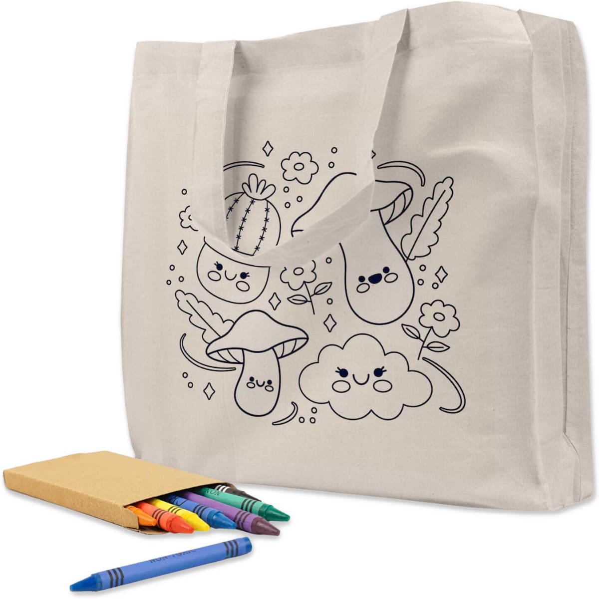 A natural calico tote bag featuring a black outline design of cute characters, accompanied by a set of colourful crayons.