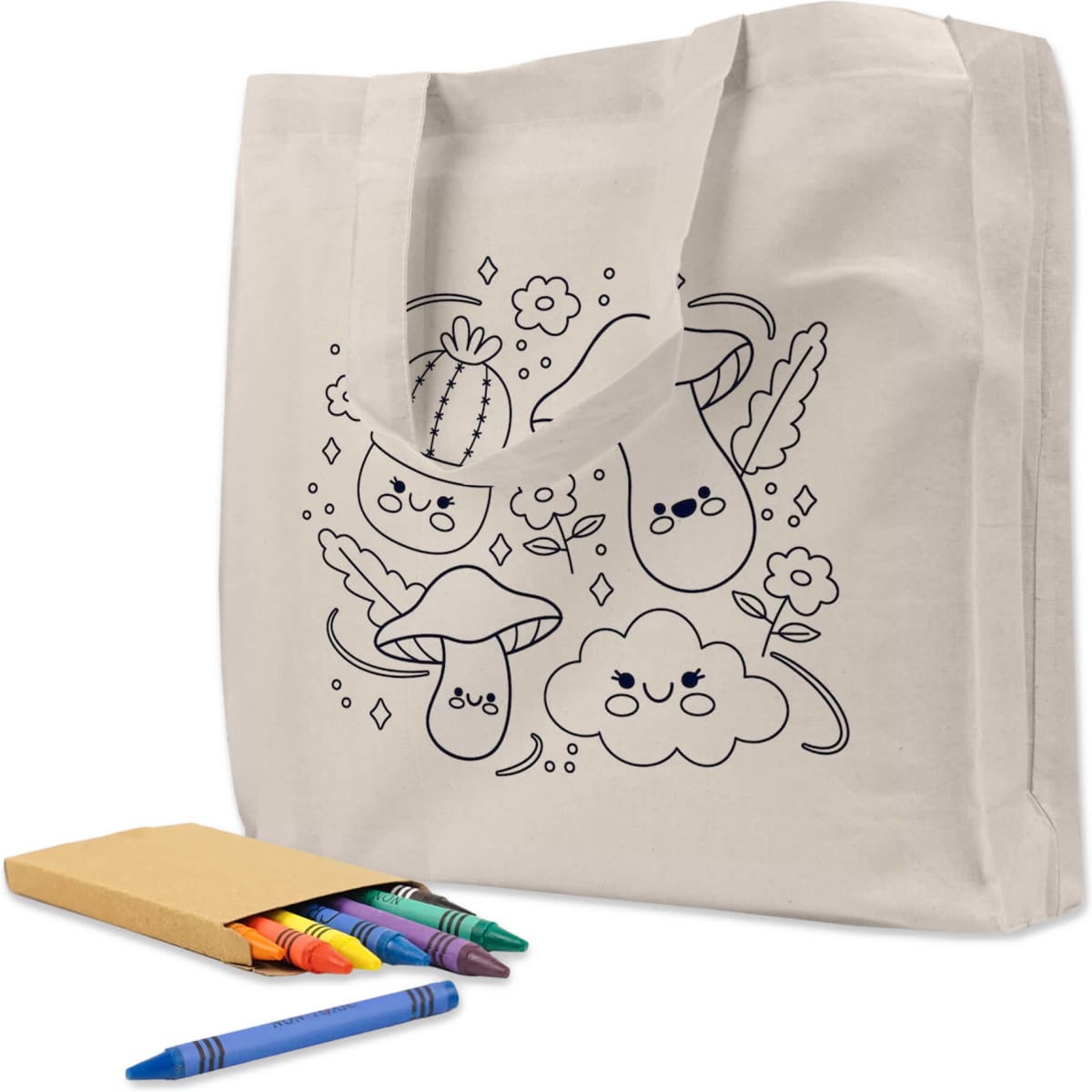 A cream-coloured tote bag featuring black line drawings of happy mushrooms, clouds, and cacti, accompanied by colourful crayons.