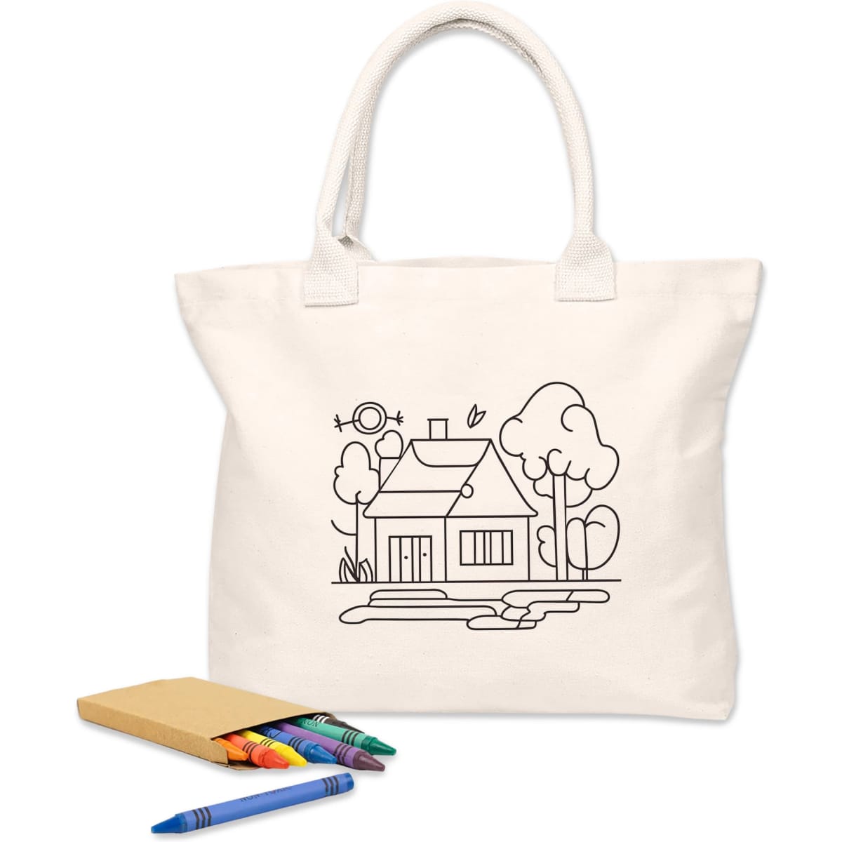 A natural-coloured reusable grocery bag with a colouring design featuring a house, trees, and a sun, alongside crayons.