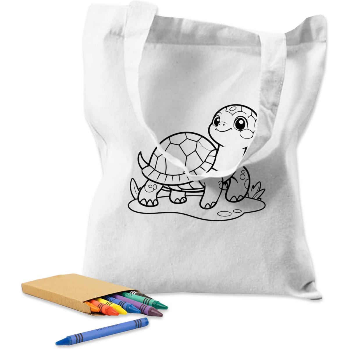 A white calico tote bag featuring a turtle illustration, accompanied by a set of colourful crayons.