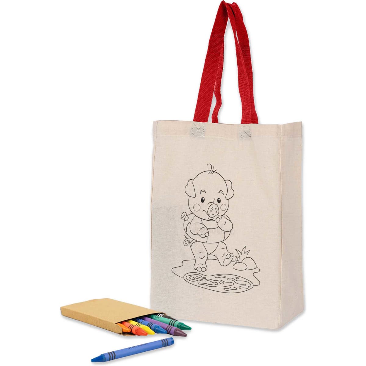 A calico trade show bag in natural colour with red handles, featuring a colouring design and a set of crayons.