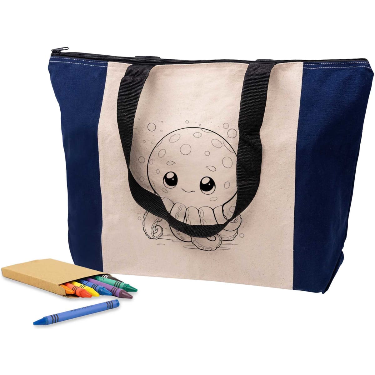 A large calico tote bag featuring a cute octopus design, with black handles and accompanied by colouring markers and a notepad.