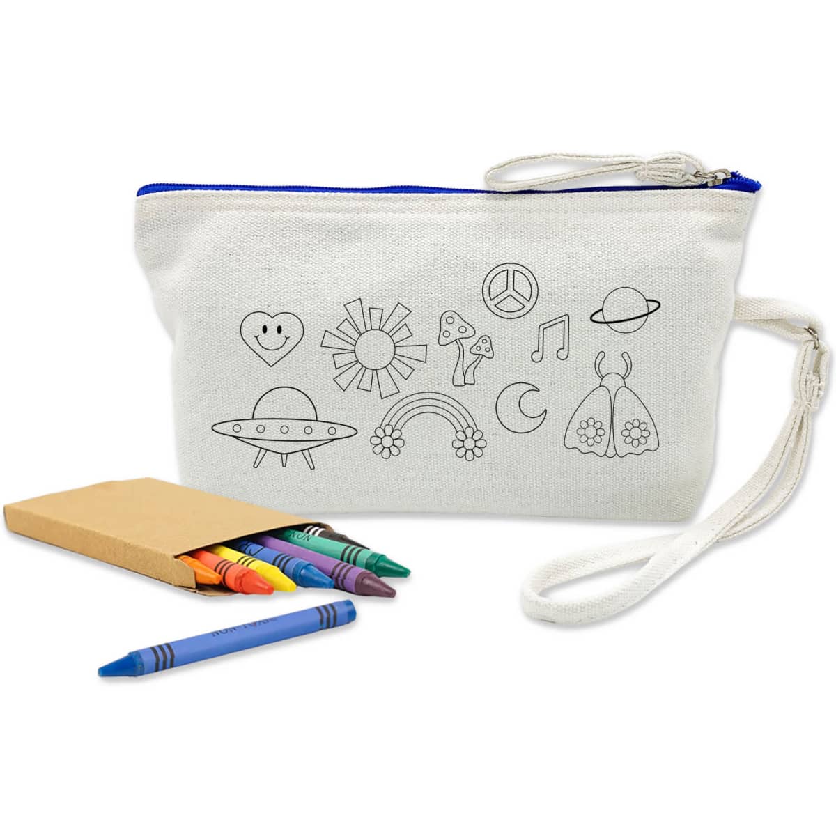 A cosmetic bag in white with a blue zipper, featuring outlined designs and accompanied by colourful crayons.