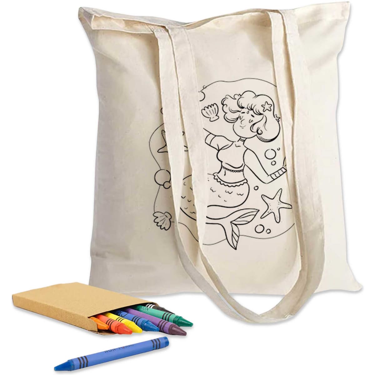 A cream-coloured tote bag featuring a colouring design, accompanied by crayons and a small notebook.
