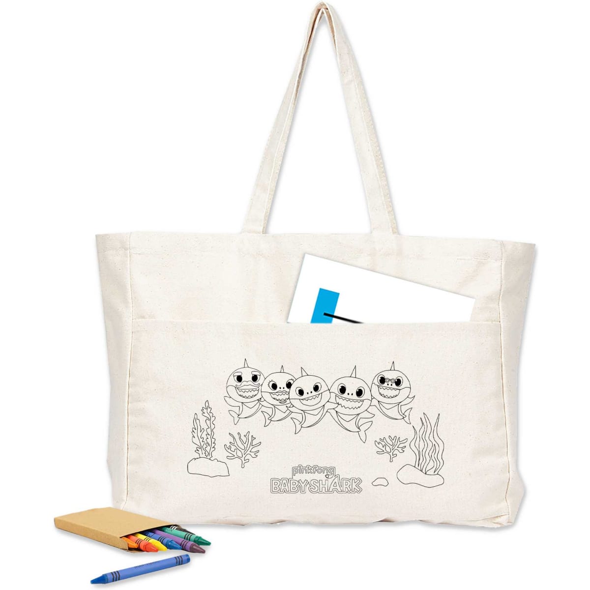 A large cream canvas tote bag with a playful design featuring fish, accompanied by stationery items like pens and a notepad.