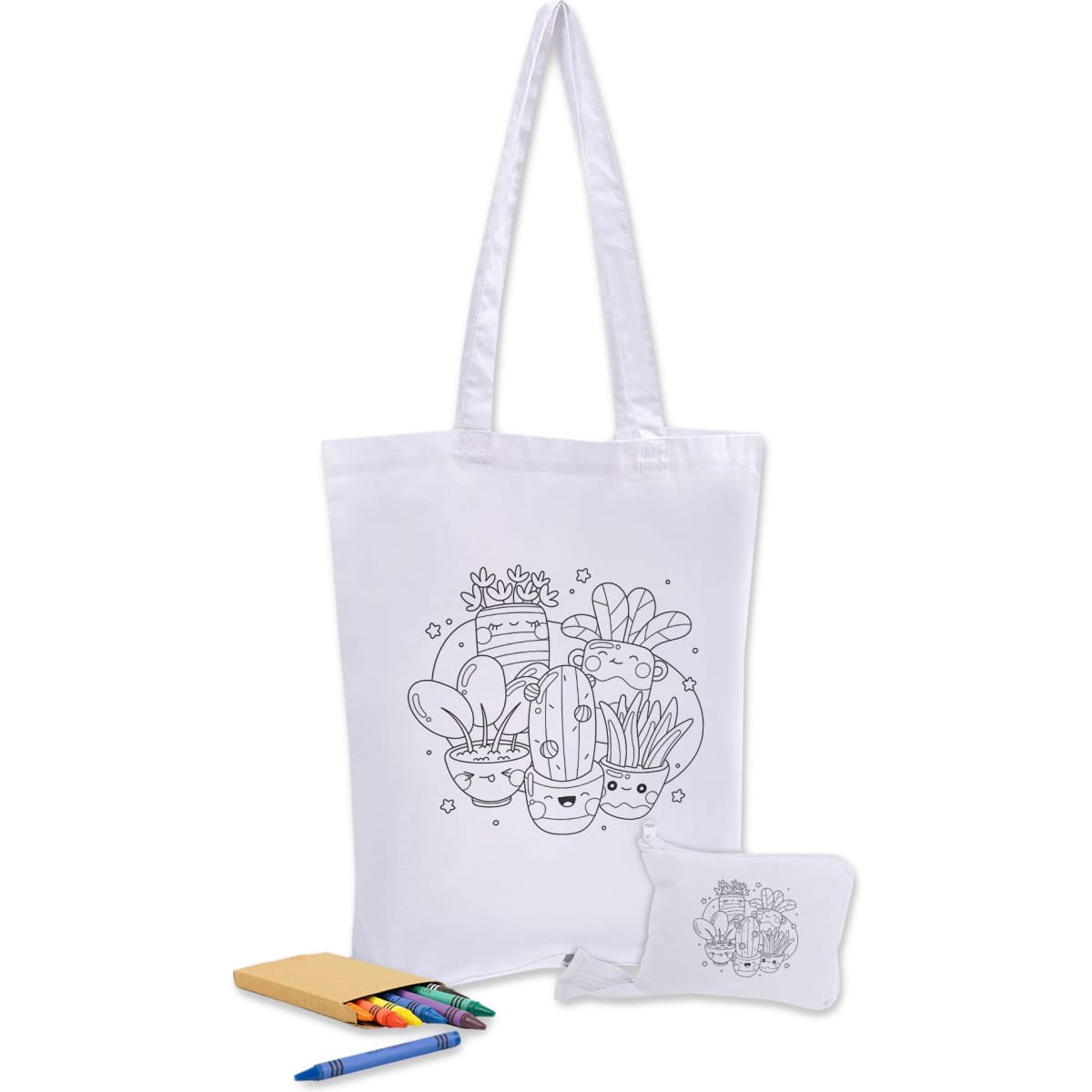 A white foldable calico tote bag featuring a colouring design, accompanied by coloured pens and a notepad.