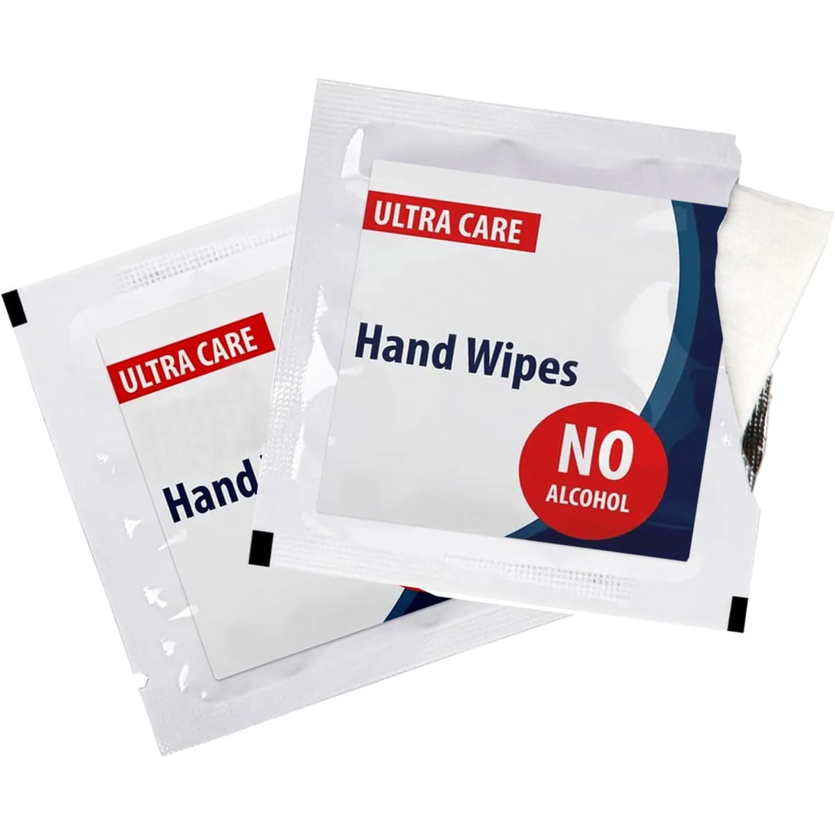 Two individual packets of hand wipes, featuring a white design with red accents and a logo.