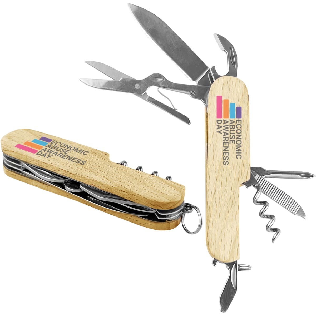 A compact wooden knife with multiple tools, including a corkscrew, scissors, and a keyring attachment. It has a logo.