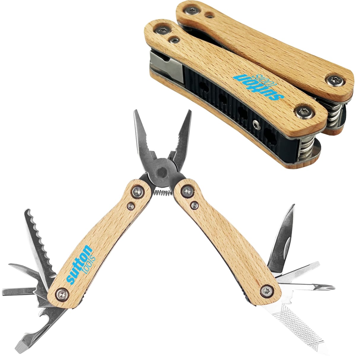 A compact multi-tool with wooden handles, featuring pliers, blades, and various tools. Includes a logo.