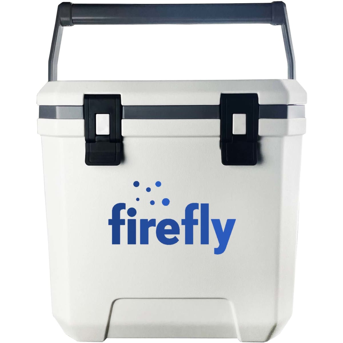 A white cooler box with a grey lid and a handle, featuring a logo on the front.