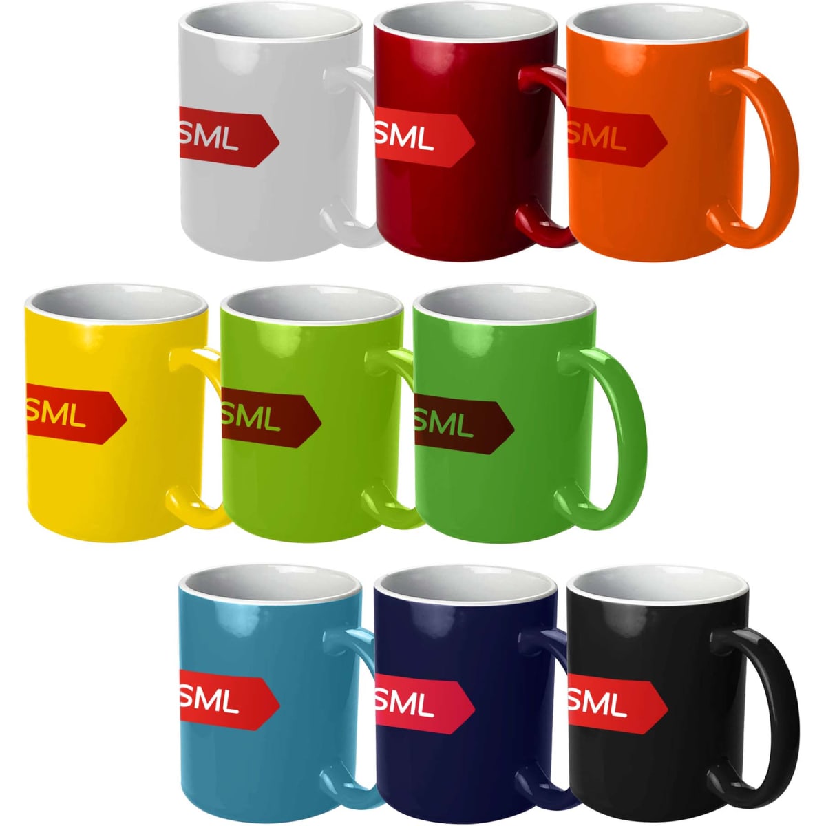 A collection of Jona coffee mugs in various colours: white, red, orange, yellow, green, navy, and black, each with a logo.