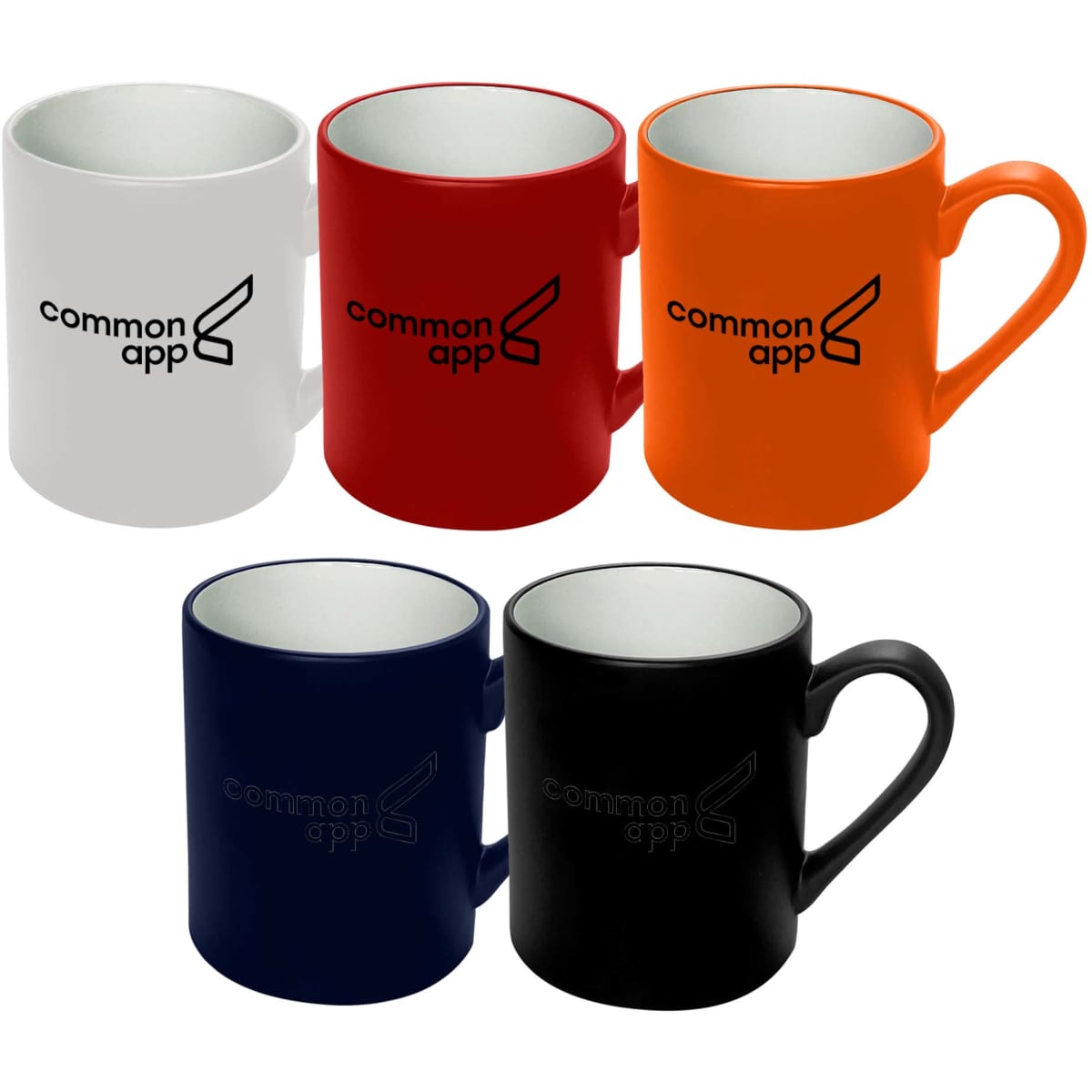 A set of coffee mugs in white, red, orange, navy, and black, featuring a logo on each mug.
