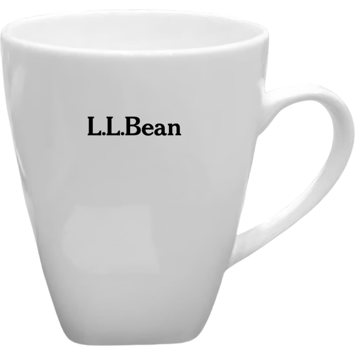 A white coffee mug with a tapered design and a handle, featuring a logo.