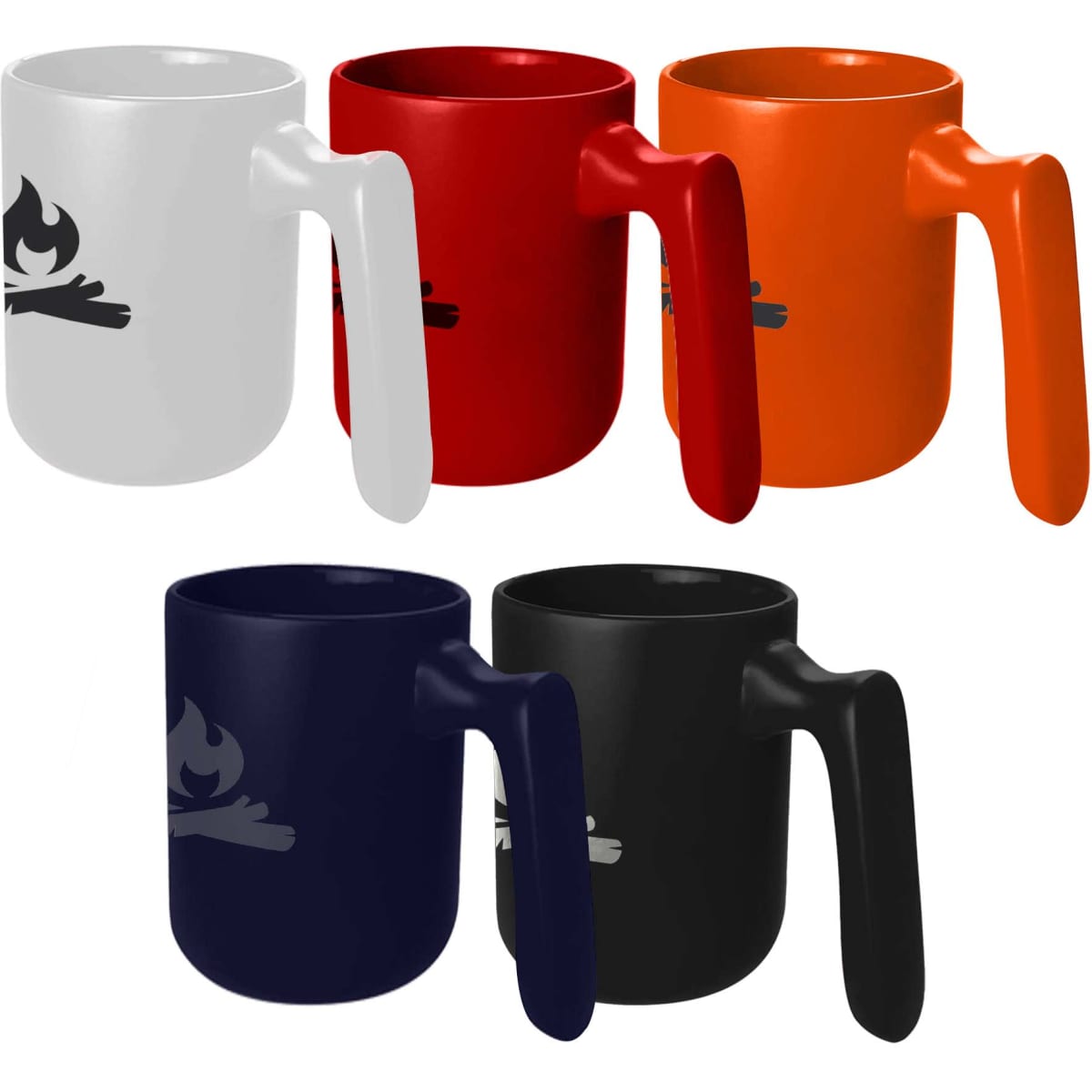 A set of Bonfire Coffee Mugs in white, red, orange, navy, and black, featuring a handle and logo.