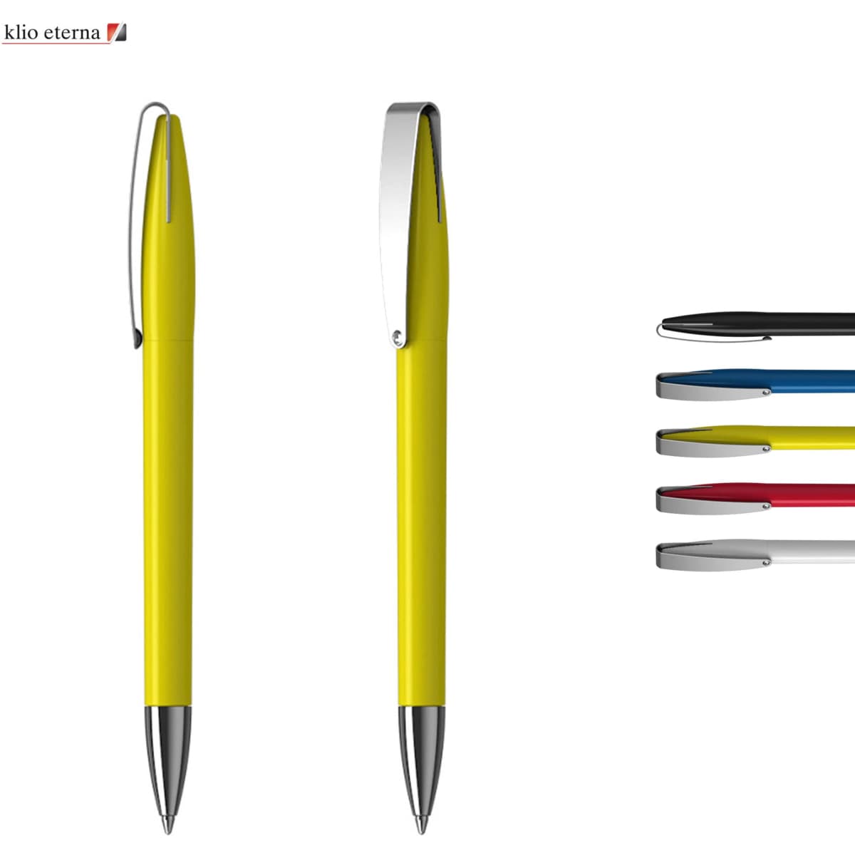 A yellow plastic pen with a silver clip, alongside pens in black, blue, red, and white. Branding is present.