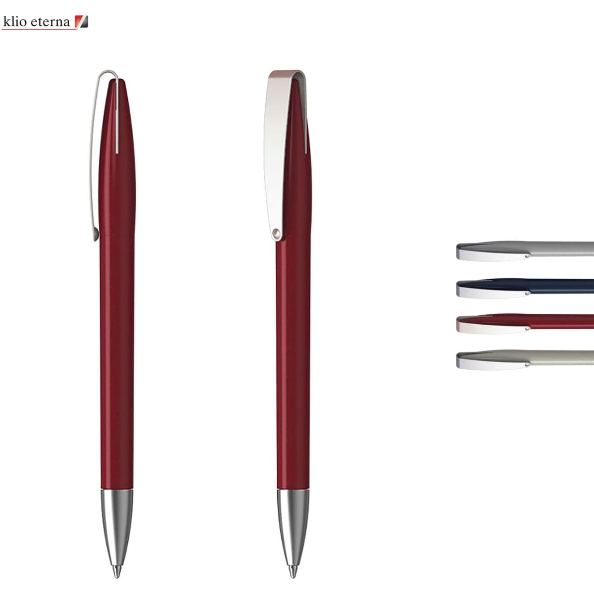 A red plastic pen with a silver clip and nib, accompanied by four other pens in various colours. It has a logo.