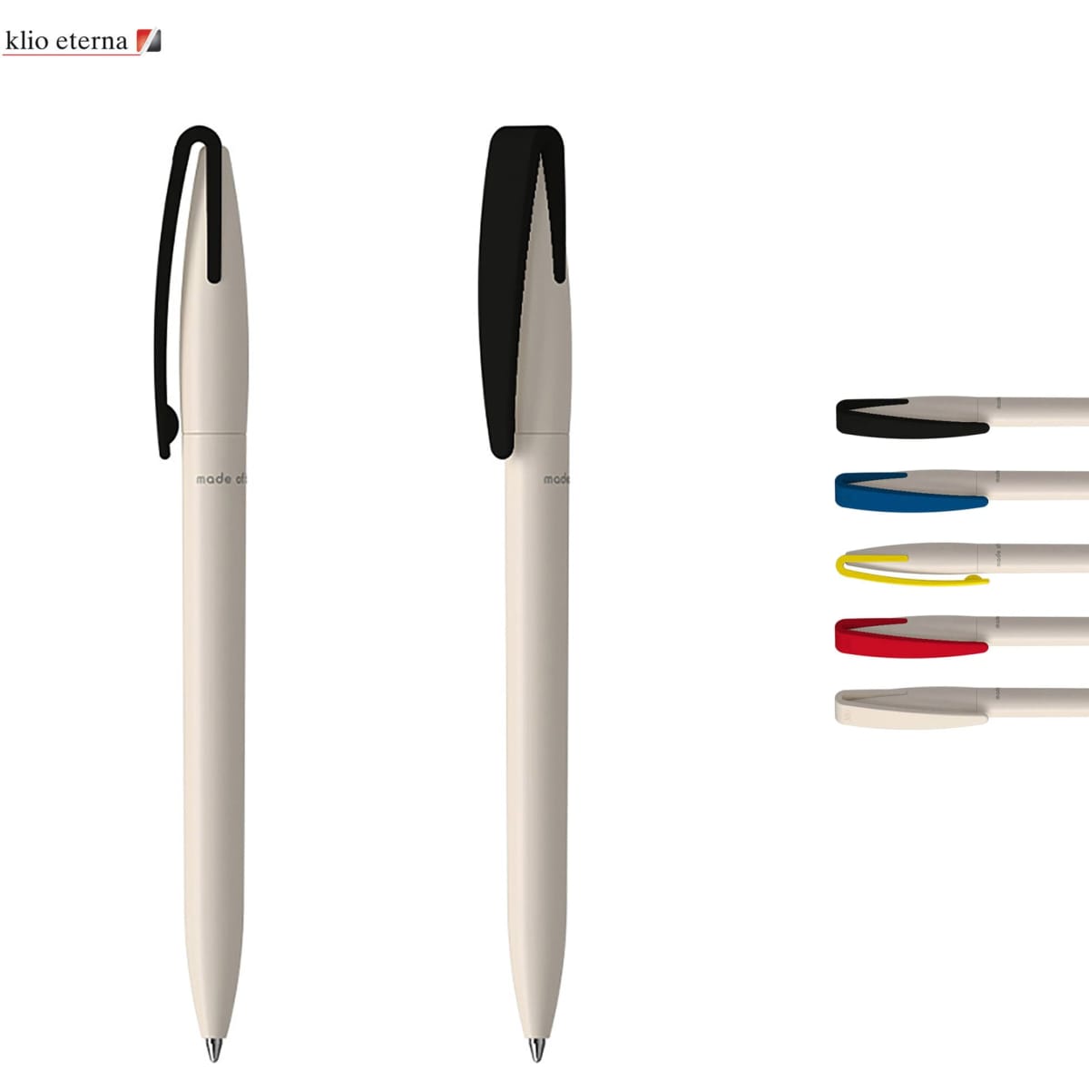 A pen with a cream body and a black clip, accompanied by four ink refills in blue, black, red, and yellow.