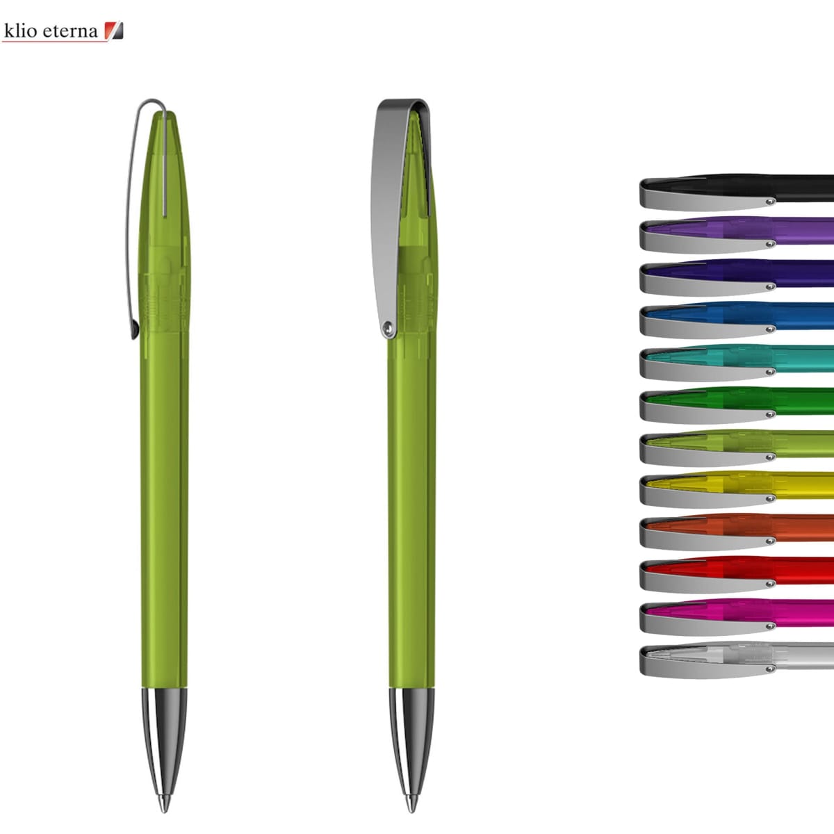 A green transparent plastic pen with a silver clip, alongside a range of other coloured pens.