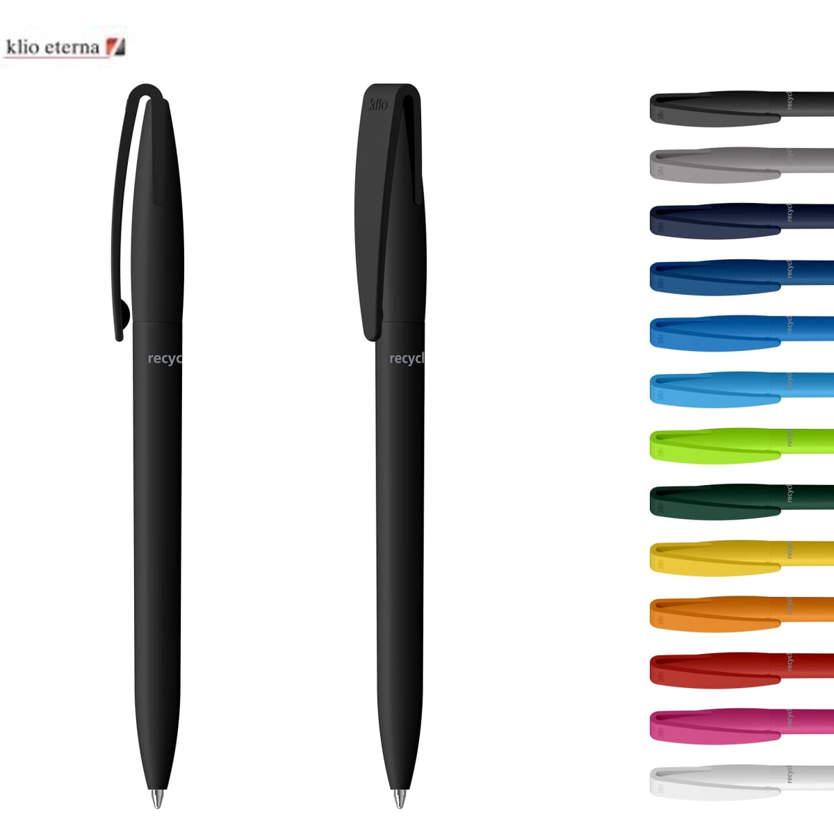 Two black plastic pens, featuring a logo, alongside a selection of colourful pens in various shades.