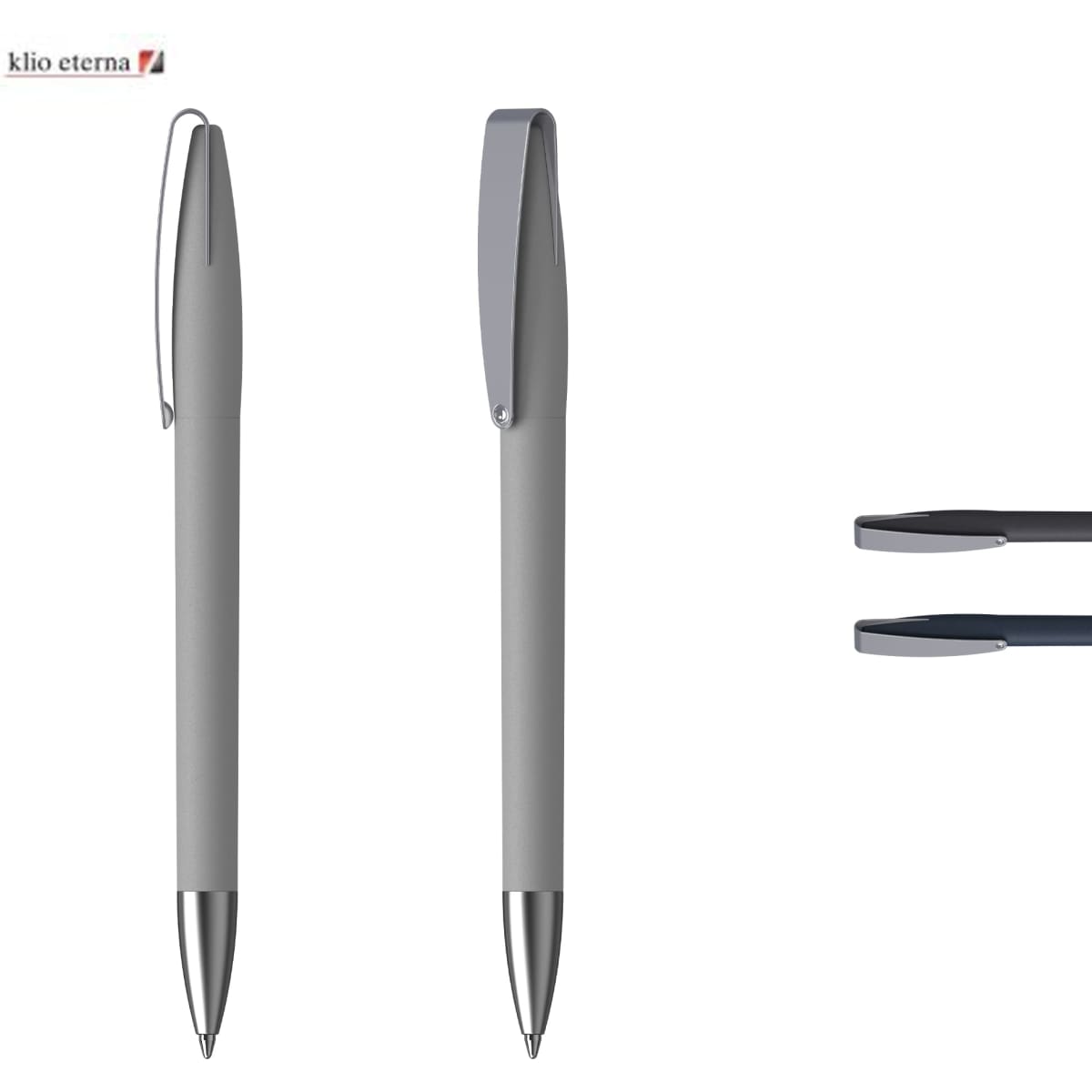 A grey plastic pen with a soft grip, featuring a silver clip and a branding logo.