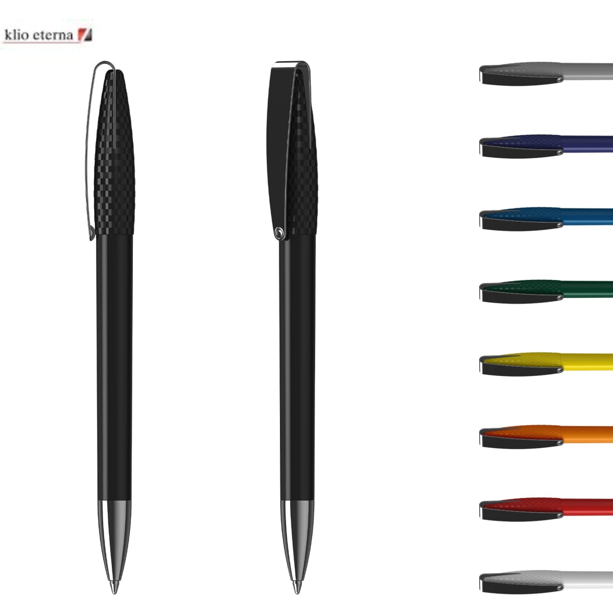 A high-gloss black metal pen with a textured grip, accompanied by a selection of coloured pen caps.