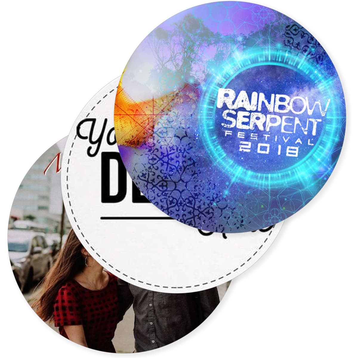A set of round cardboard coasters, featuring a colourful festival design and a photograph with decorative text.