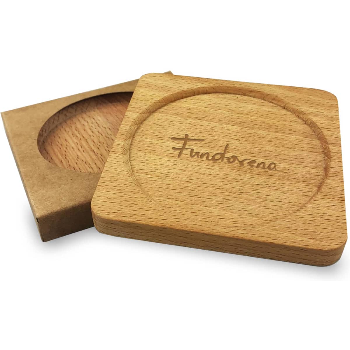A wood coaster with a circular recess, featuring a natural timber finish and a logo.