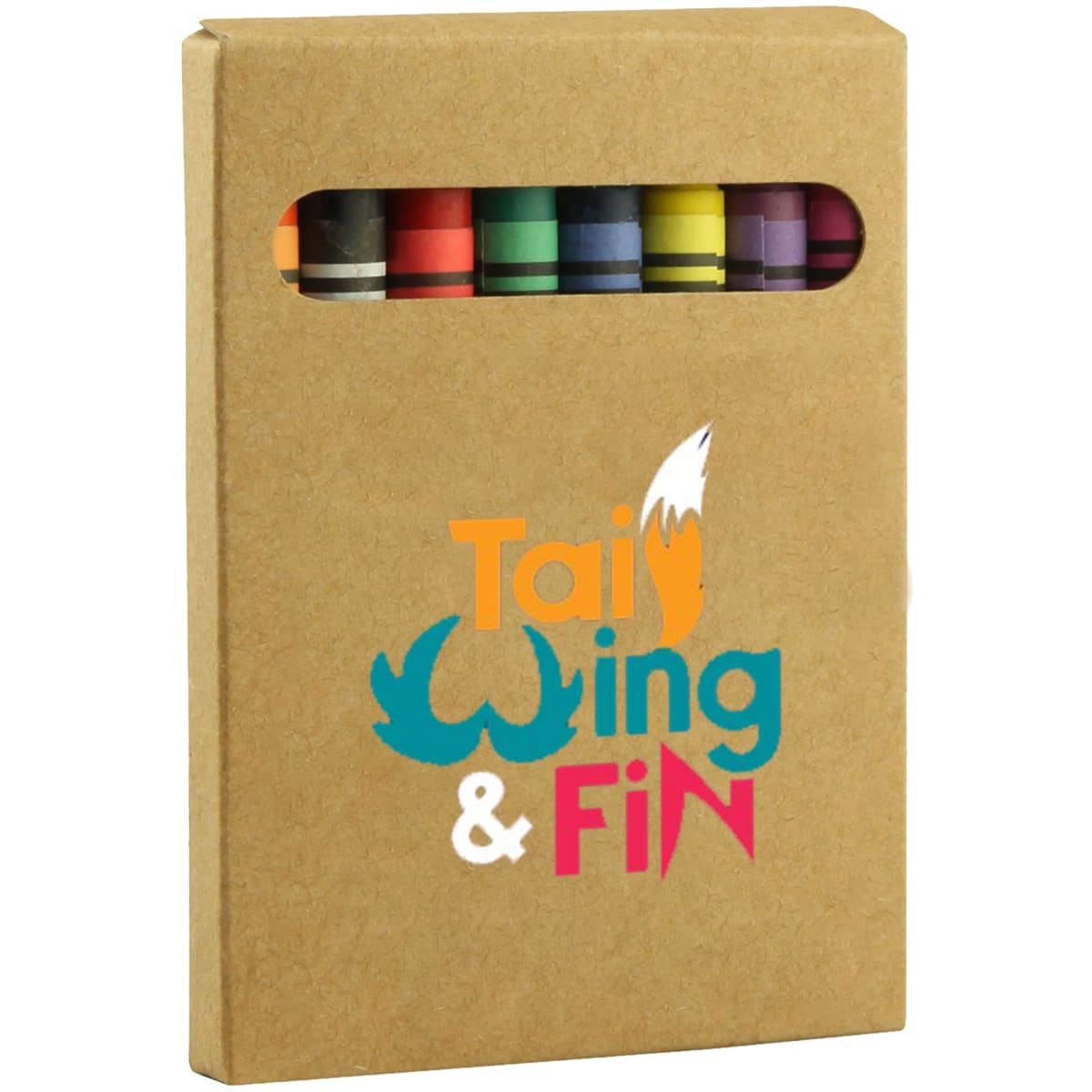 A crayon set featuring eight crayons in various colours, packaged in a brown cardboard box with a viewing cutout.