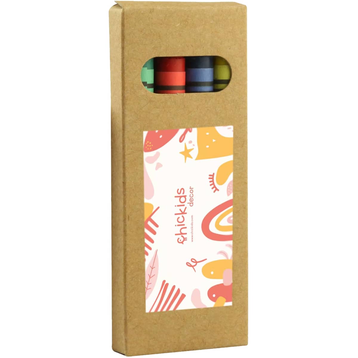 A crayon set with green, blue, red, and yellow crayons, packaged in a cardboard box with a window and colourful design.