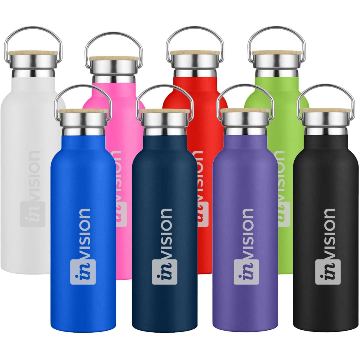A drink bottle collection featuring colours like white, pink, green, blue, black, and stainless steel. Each bottle has a logo.